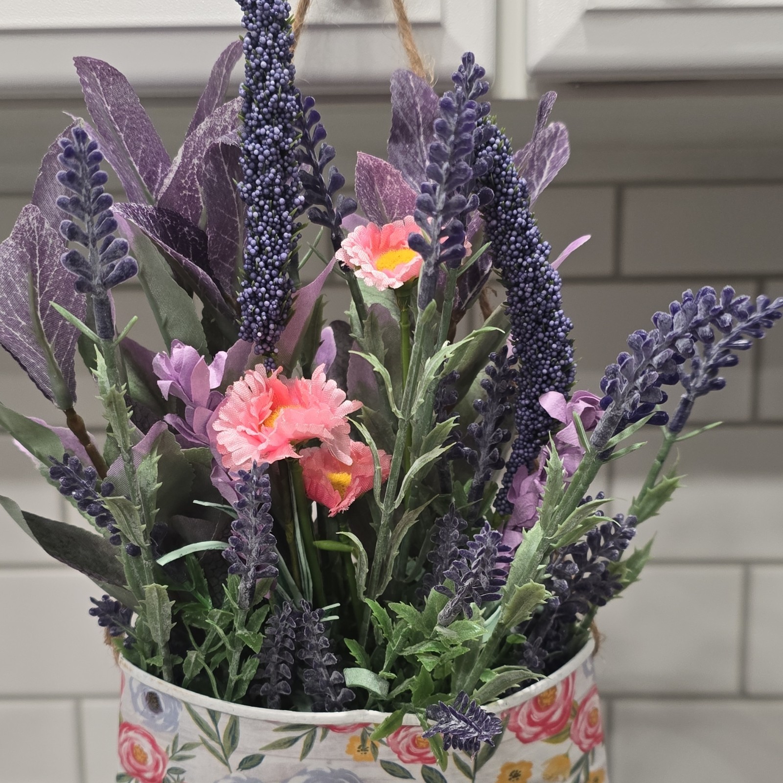 Handmade Artificial Lavender Hanging Basket Arrangement Purple Pink Wall Decor