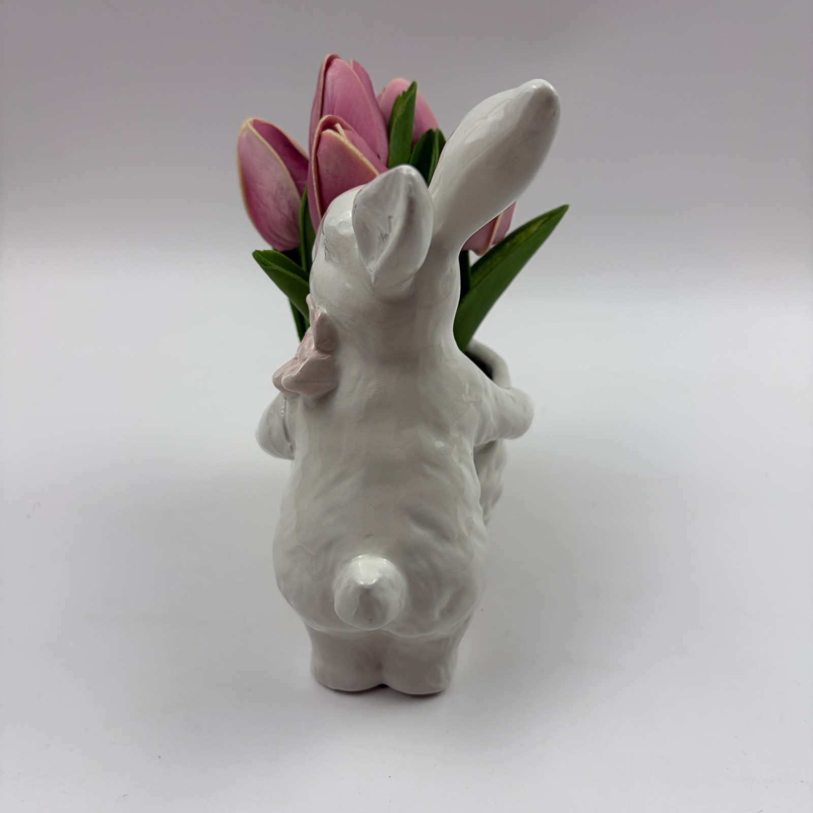 Easter Bunny Ceramic Planter Pink Tulips Spring Decor Table Centerpiece