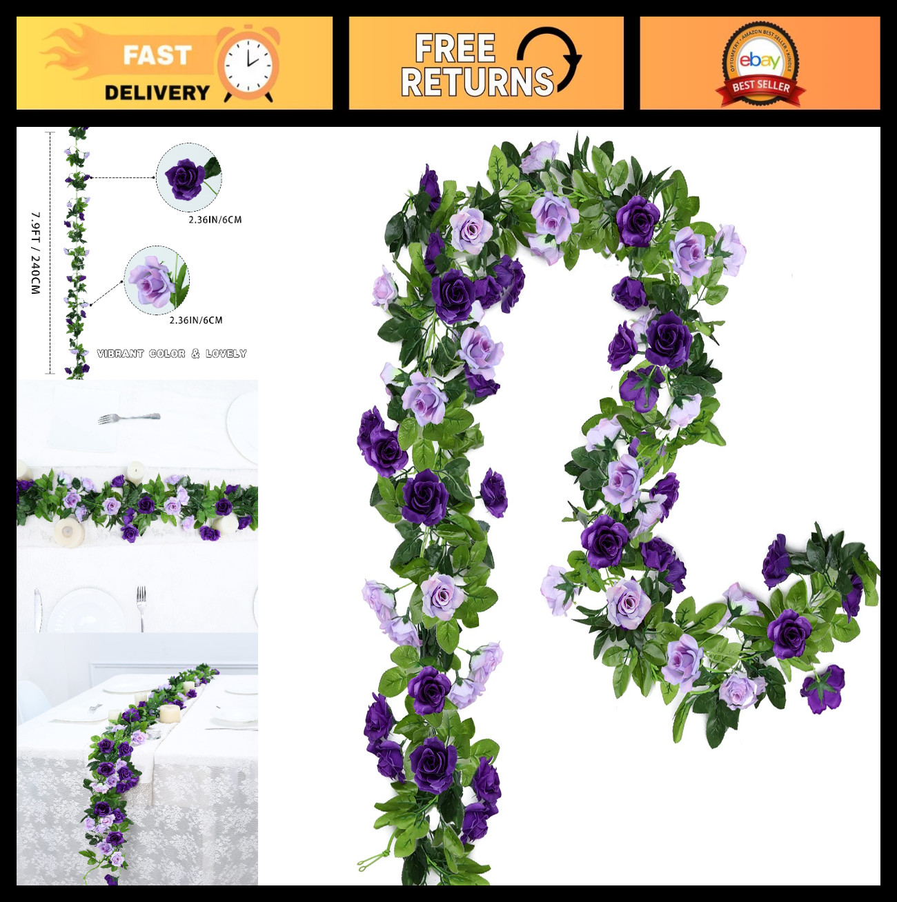 2 Pack 15.8FT Artificial Flower Garlands – Silk Rose Vines for Wedding, Party, H