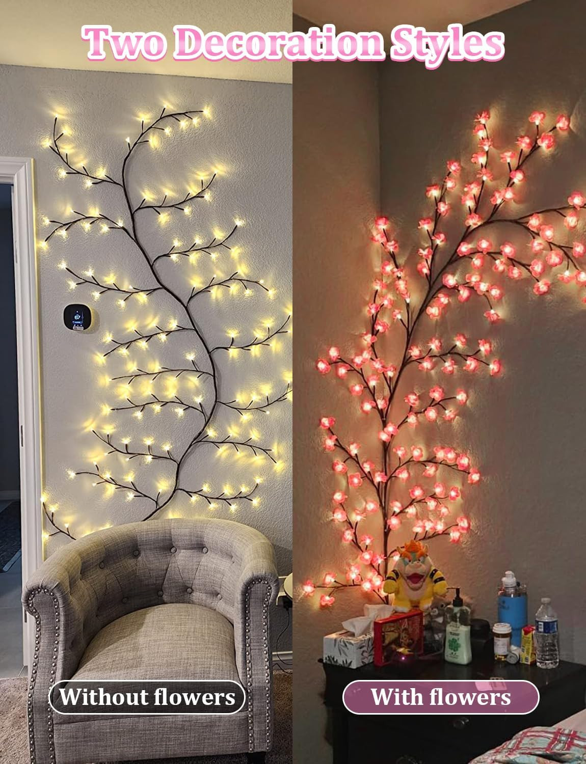 4 FT Cherry Blossom LED Lights with Remote, 8 Modes for Aesthetic Room Decor