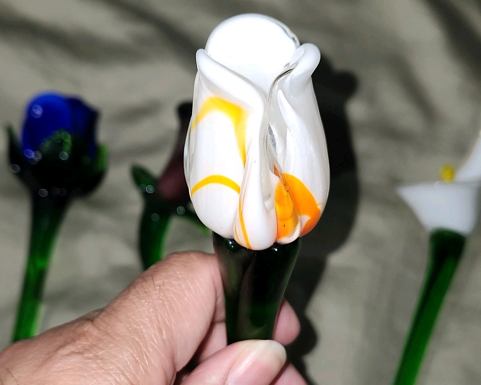 4pcs Hand Blown Glass Flower Stems Rose & Calla Lily Multicolor 12 in