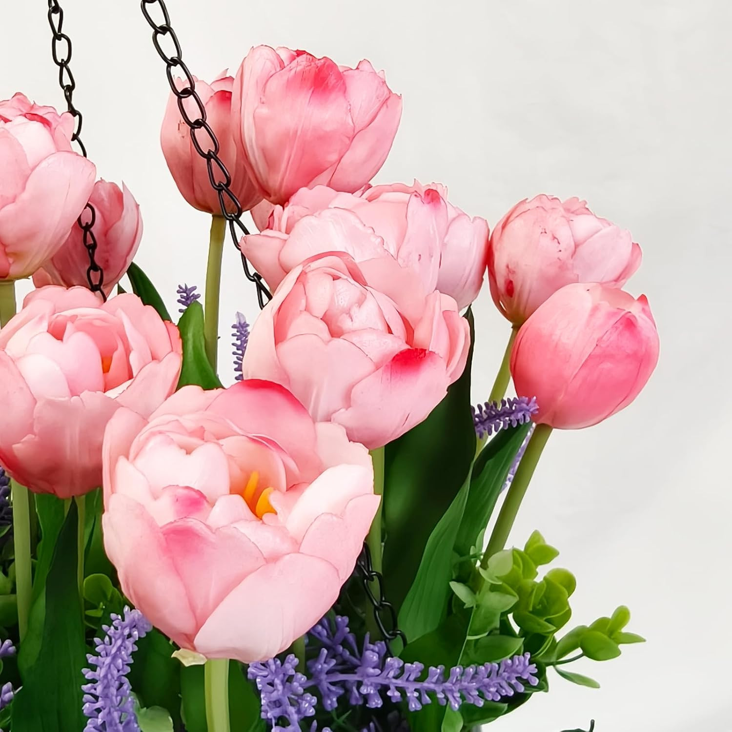 Artificial Tulips Flowers Hanging Basket for Indoor Outdoor, Realistic Pink Fake