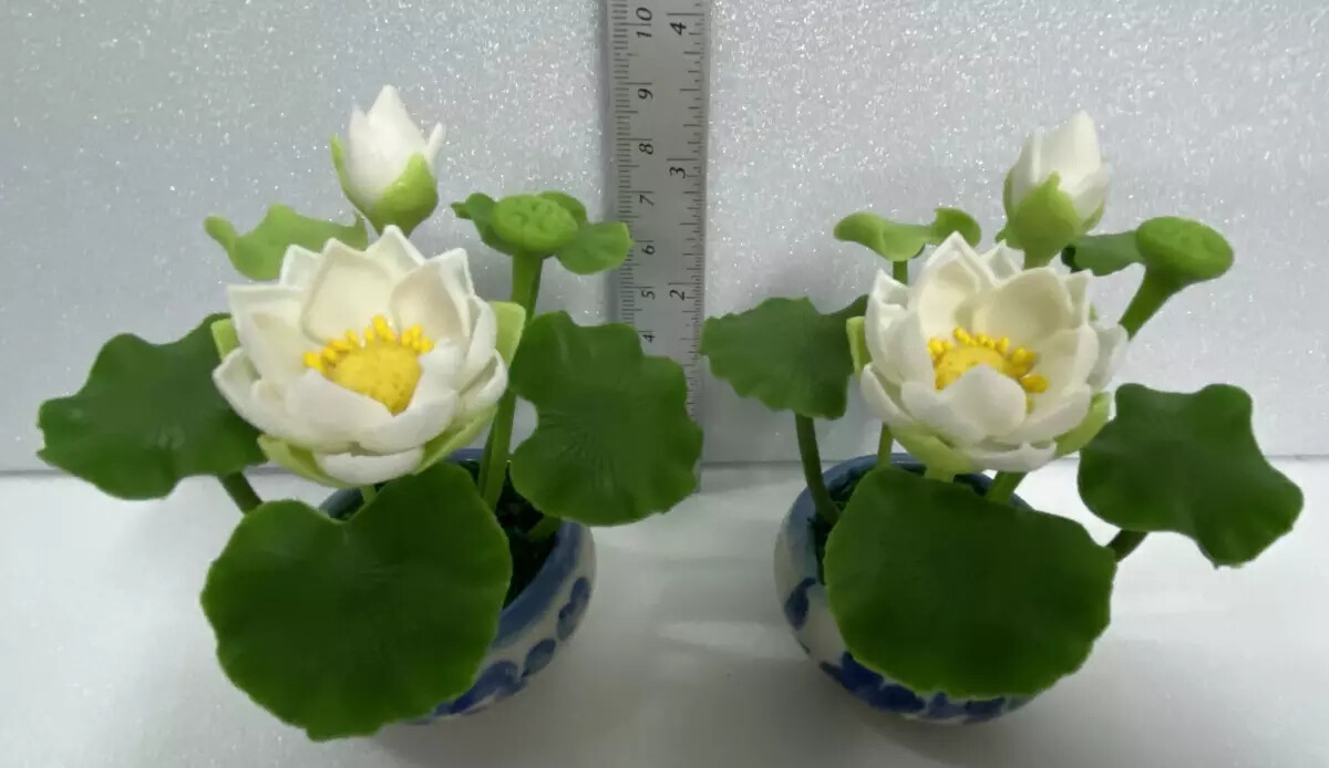 3″ Thai Handmade Lotus Clay Flower Artificial Plant Miniature Worship White Pair