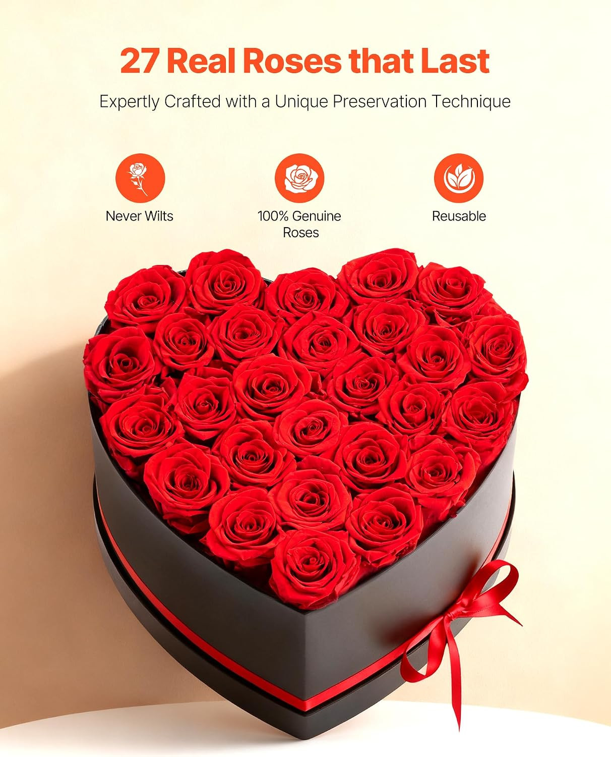Forever Flowers, 27 Preserved Roses in a Heart Shape Box, Eternal Flowers Immort