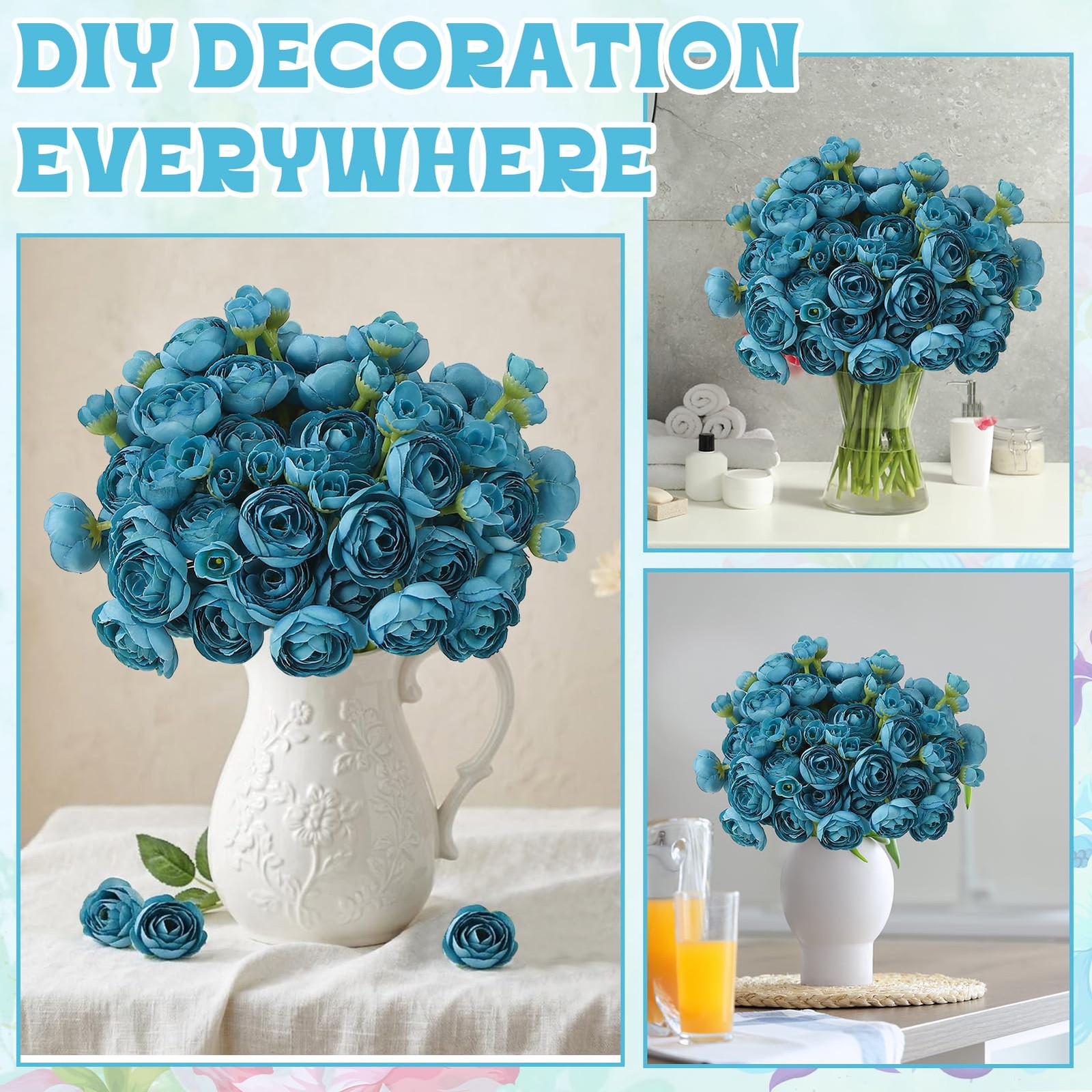 30 PCS 5 Bouquets Teal Ranunculus Artificial Flowers Silk Faux Centerpiece