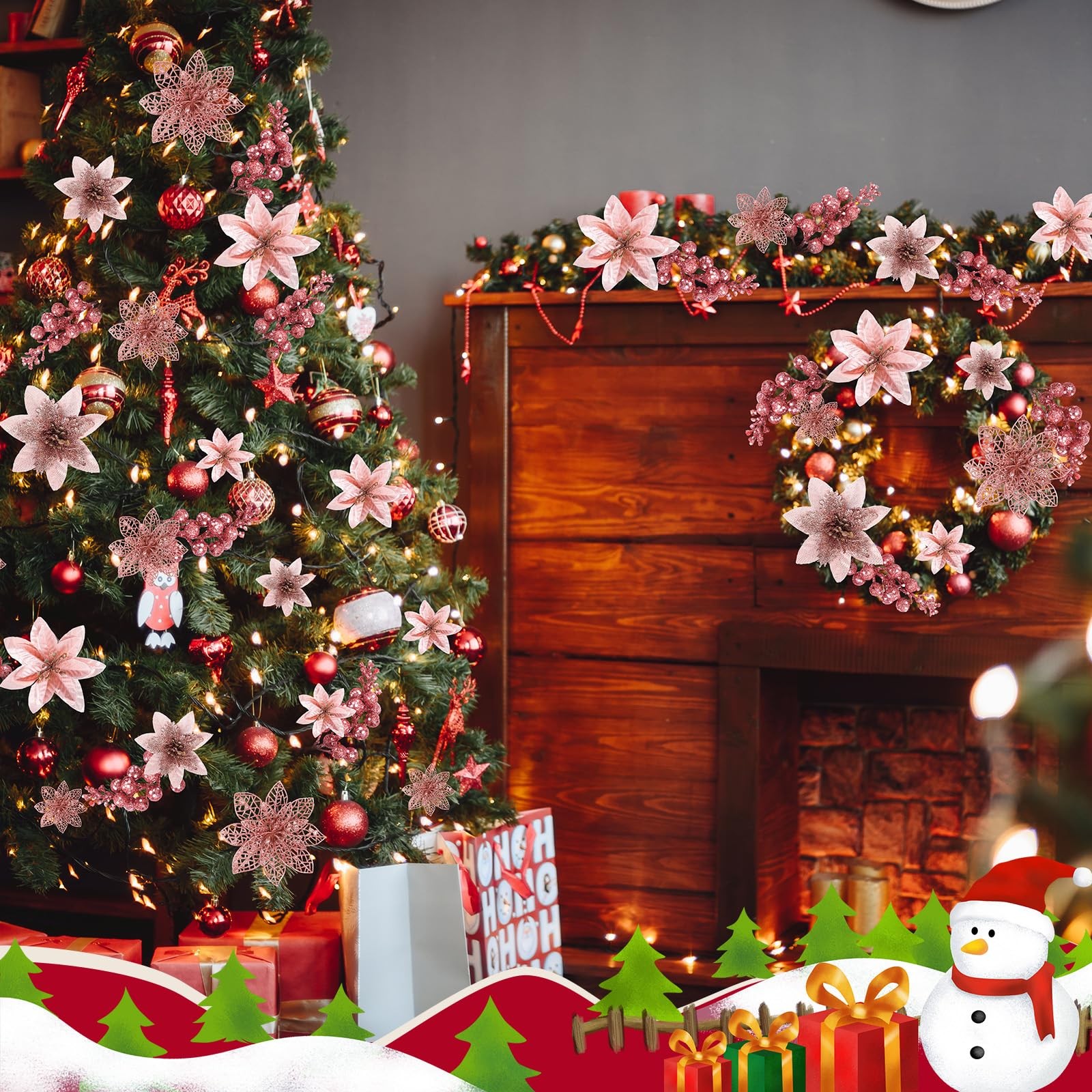 Rose Gold Christmas Glitter Poinsettia Flowers 48 PCS with Clips Berries