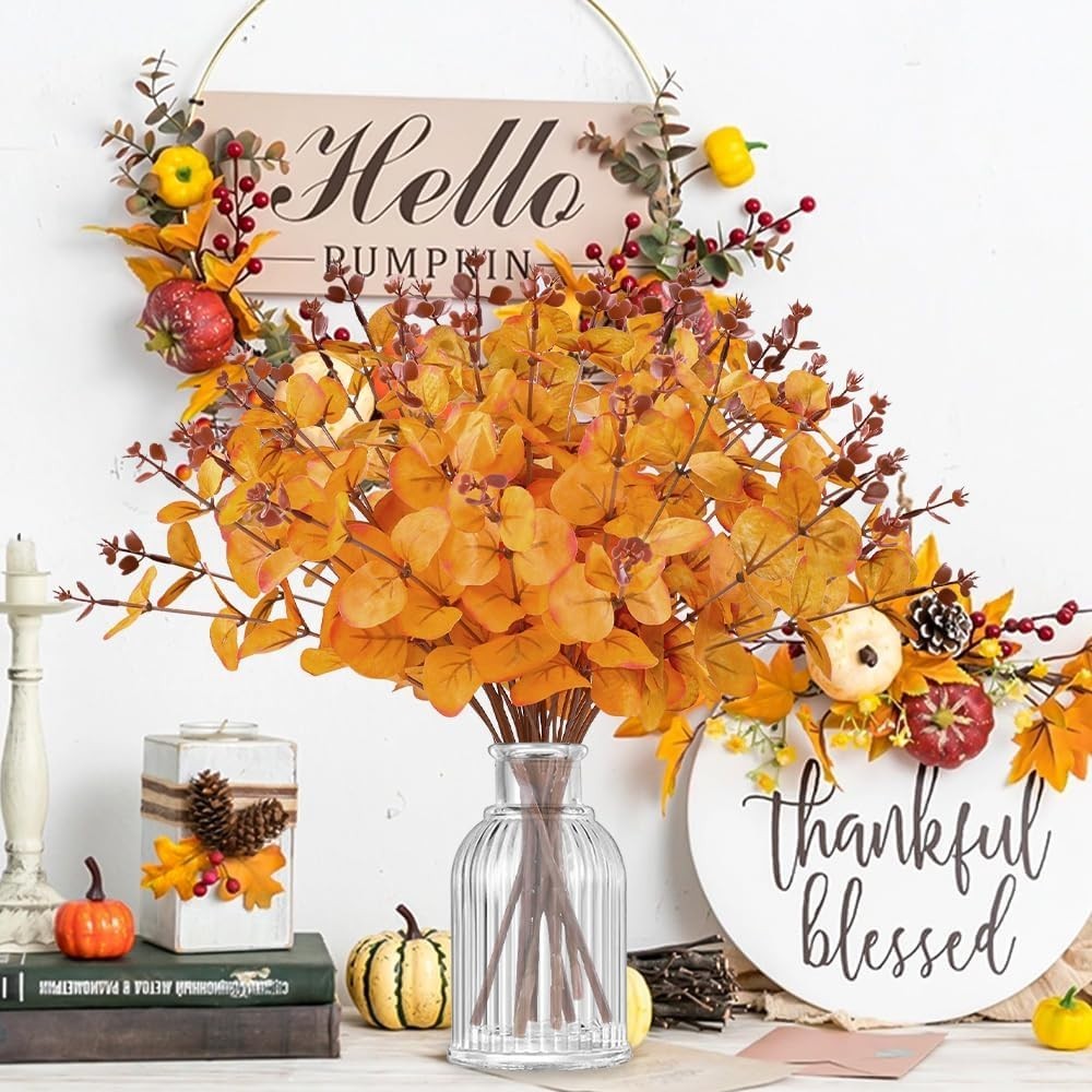 12 Pcs Orange Eucalyptus Stems – Fall Artificial Flowers for Autumn Decoration