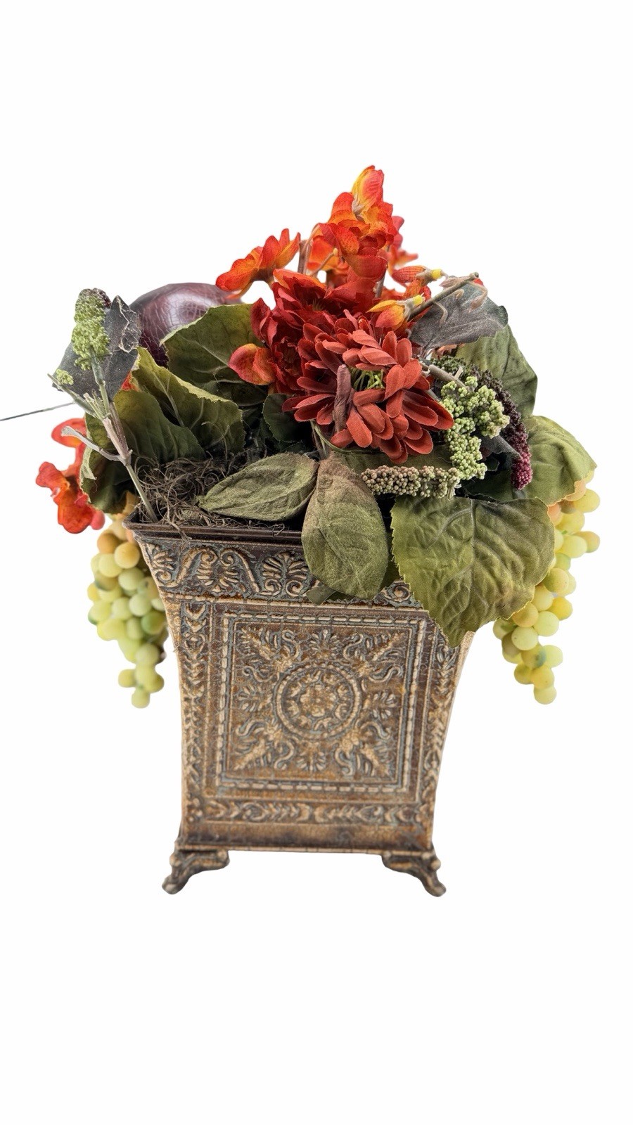 Fall Faux Floral Fruit Arrangement Grapes Pomegranate Planter Centerpiece 14”