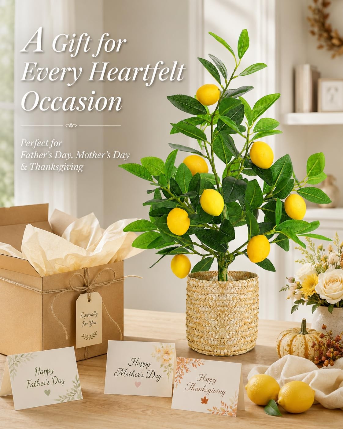 Artificial Lemon Tree with Woven Basket, Faux Lemon Decor for Kitchen and Hom…