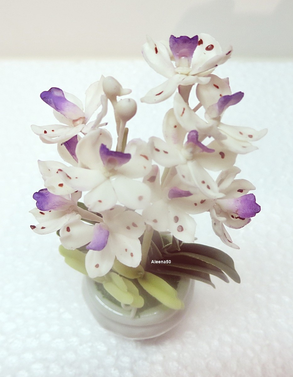 US Stock 4″H Air-Dry-Clay Handmade Miniature Rhyncho Orchid Arrangement in Pot.