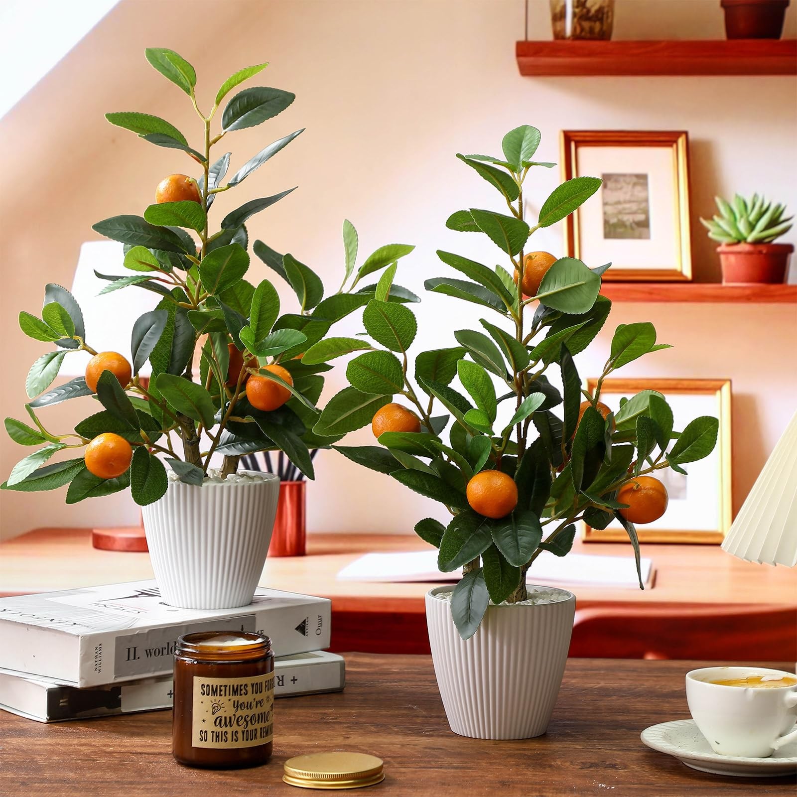 2 Pack Artificial Orange Potted Plants 19.7 Inches Fake Tree Fruit Pot Decor