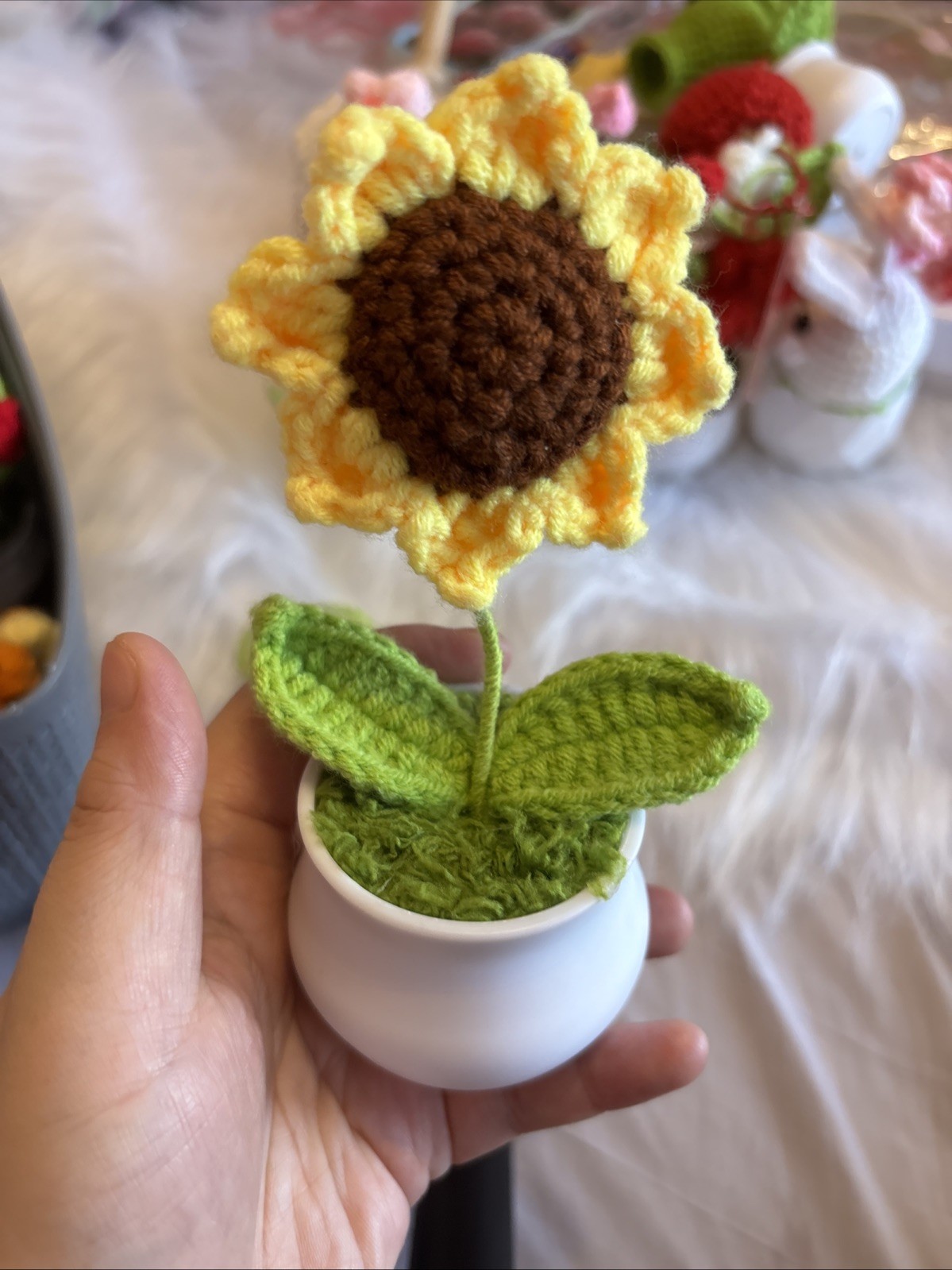 Handmade Crochet Bunny Sunflower Potted Plant Kawaii Fairycore Desk Decor Gift