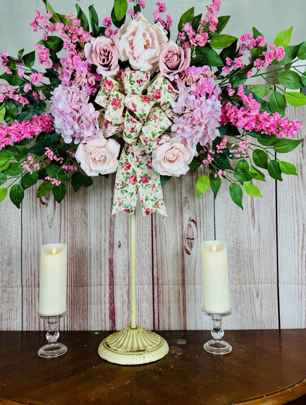 Artificial Silk Pink/White/Green Rose Hydrangea Floral Swag Wall Decor Bow