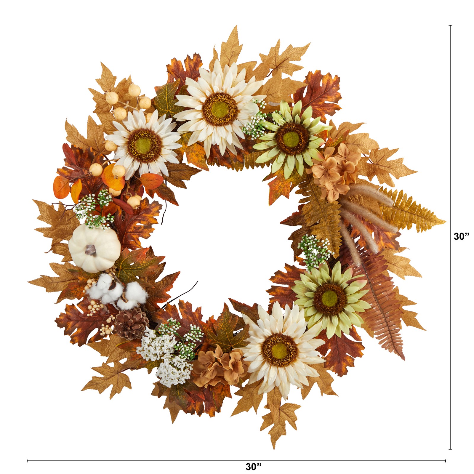 30″ Autumn Sunflower/White Pumpkin and Berries Artificial Fall Wreath in Orange