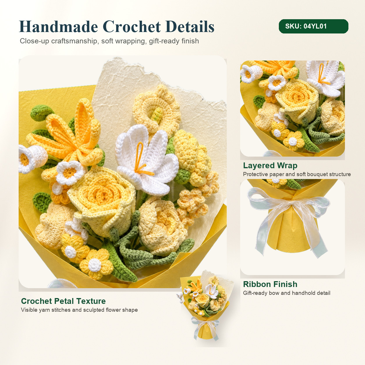 Yellow Rose Daisy Crochet Bouquet Get Well Birthday Thank You Gift