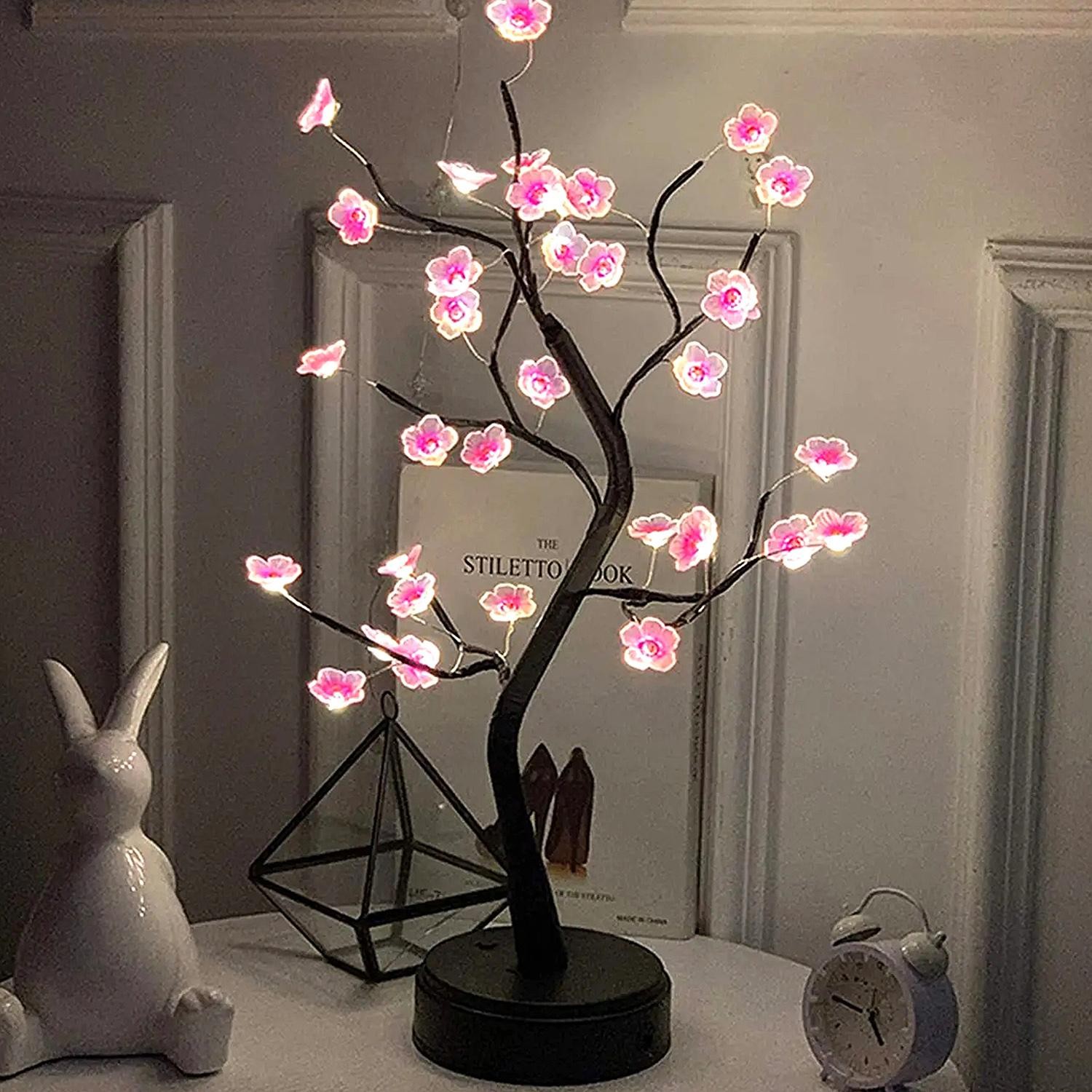 LED Cherry Blossom Bonsai Tree Night Light Touch USB Battery Desk Lamp