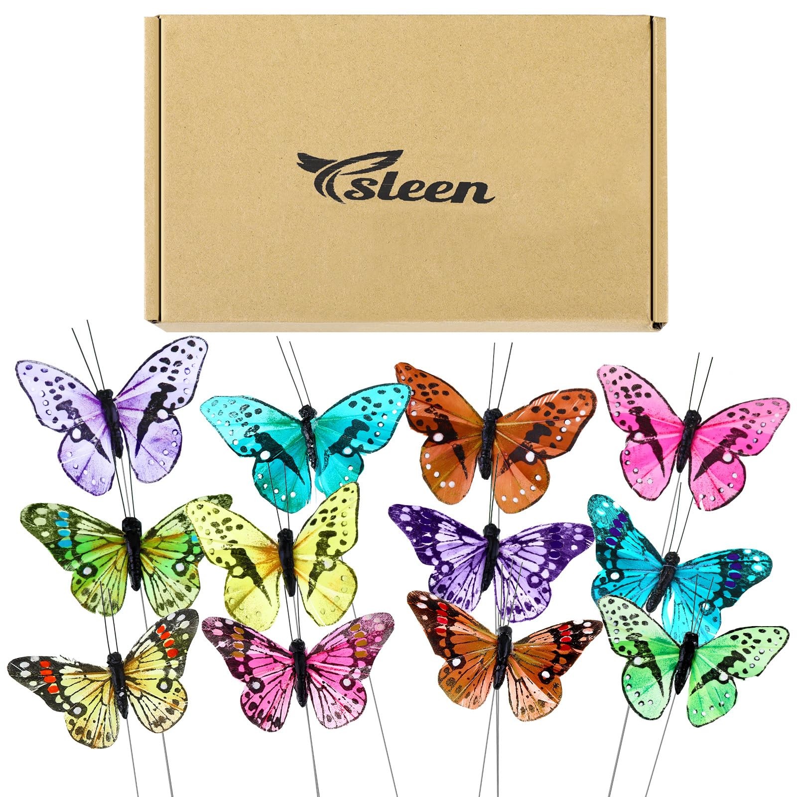 Ysleen 12 Set Monarch Butterfly Decoration Artificial Butterflies Feather Picks