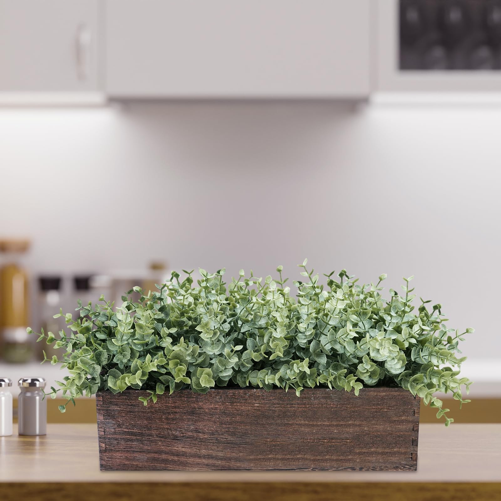Winlyn 14″ Artificial Eucalyptus in Rectangular Wood Planter Box Faux Plants