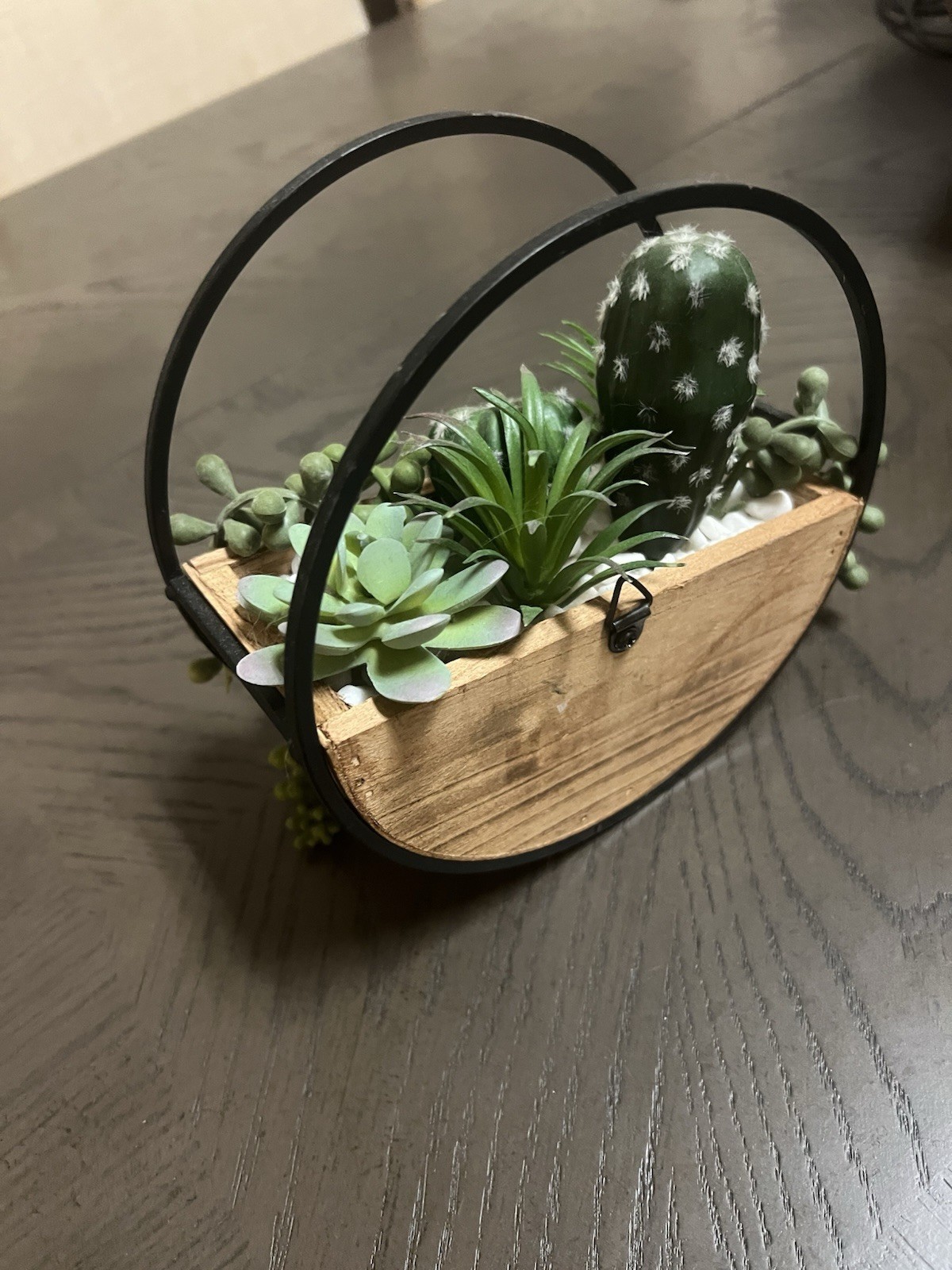 faux succulents in Wood And Metal Planter. Wall Hanging