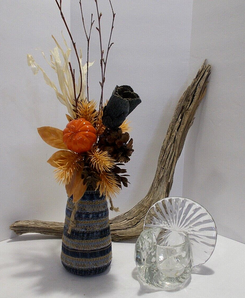 Recycled Denim Jeans Seams Vase w Denim Rose & Vtg. Glass Turkey Candle Holder