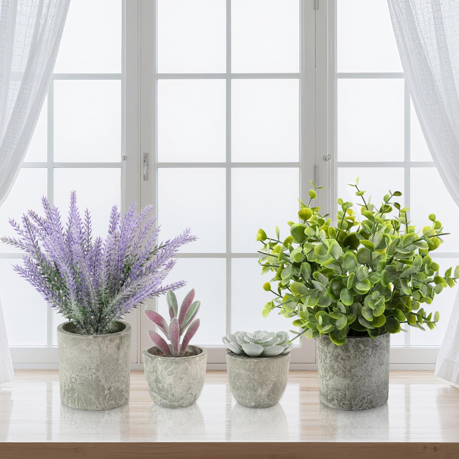 4 Packs Fake Plants Small Artificial Plants for Shelf Lavender Flowers Eucaly…