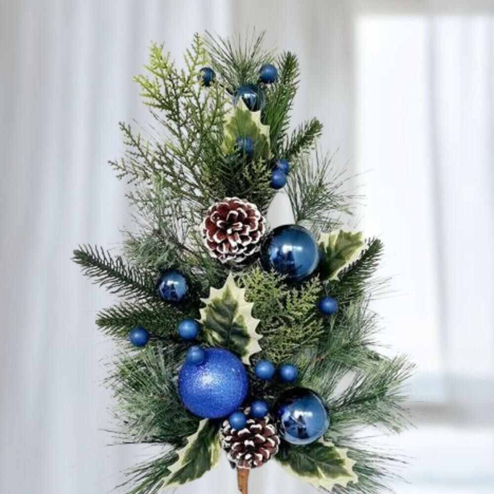 24″ Artificial Mixed Pine, Holly and Blue Ornaments Floral Spray