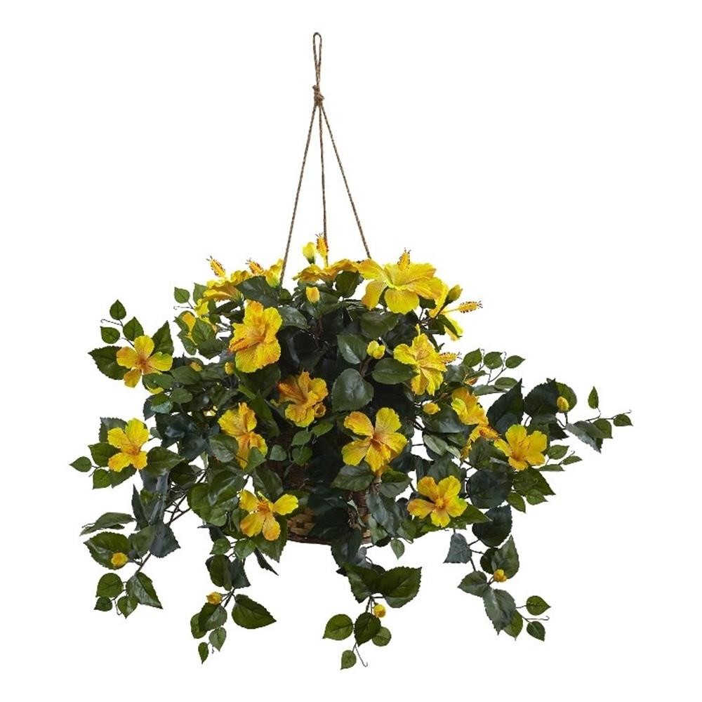 Nearly Natural 22″ Full Hibiscus Blooms with Hanging Basket in Yellow/Brown
