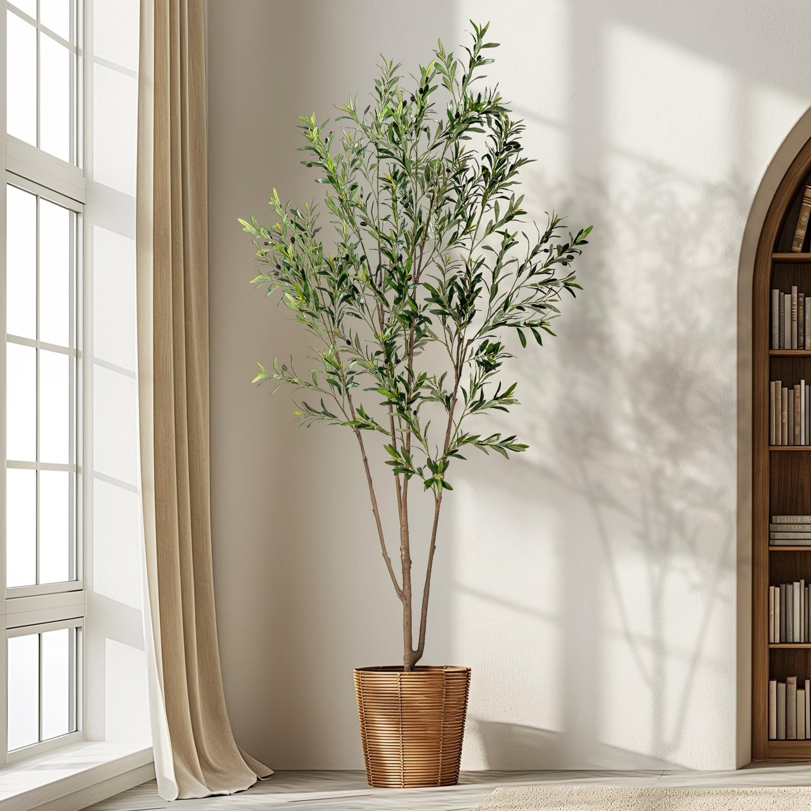 Erimda 8FT Artificial Olive Tree Faux Silk Natural Wood Trunk Lifelike Fruits