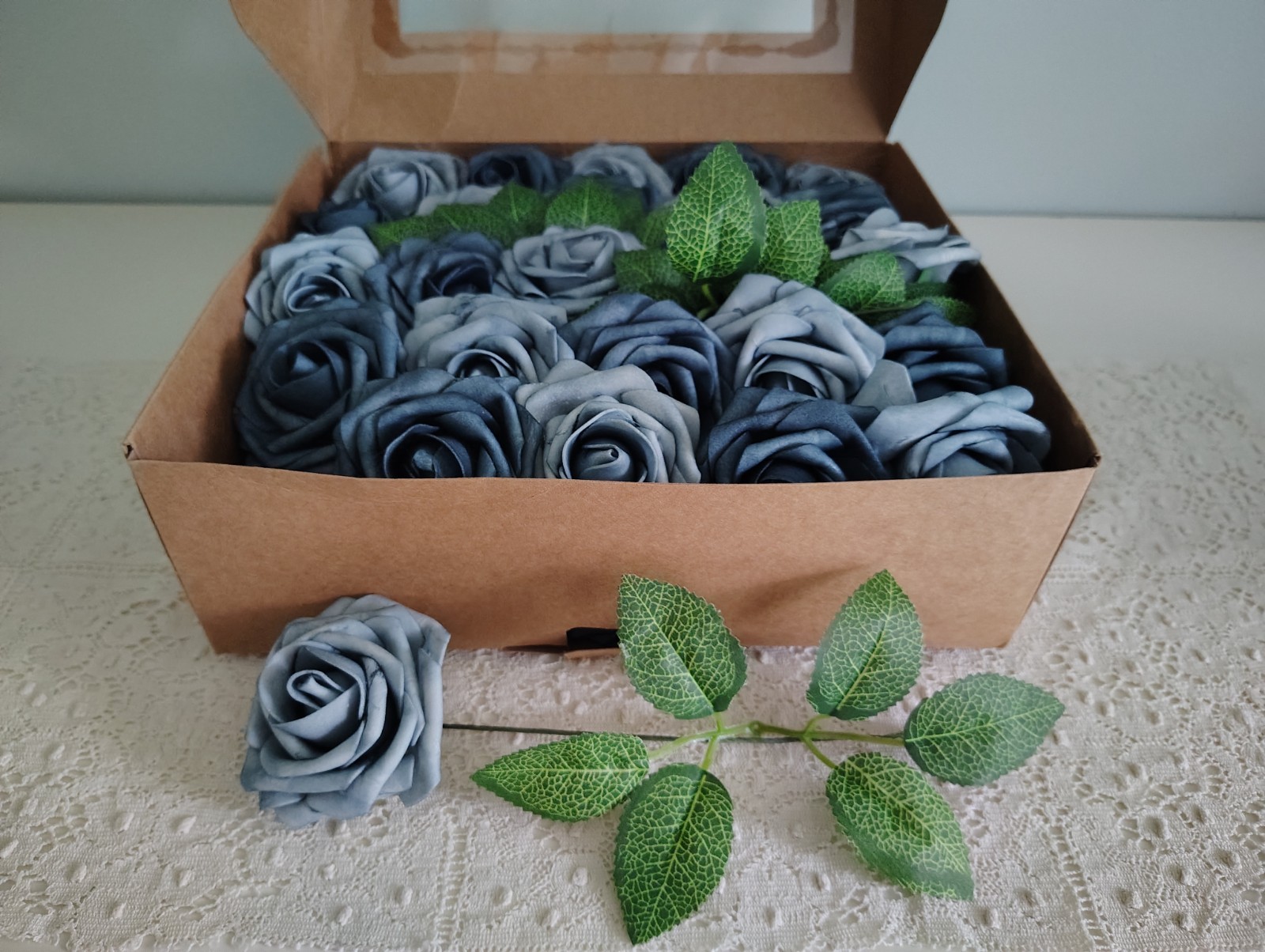 Innogear Artificial Roses Dusty Blue Shades 50 Piece Lifelike ~ NEW IN BOX