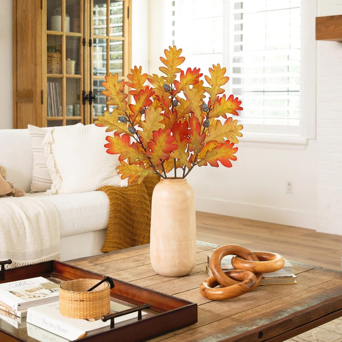 5 Pcs Artificial Fall Oak Leaves Stems 19.6” Fake Autumn Foliage Orange#2