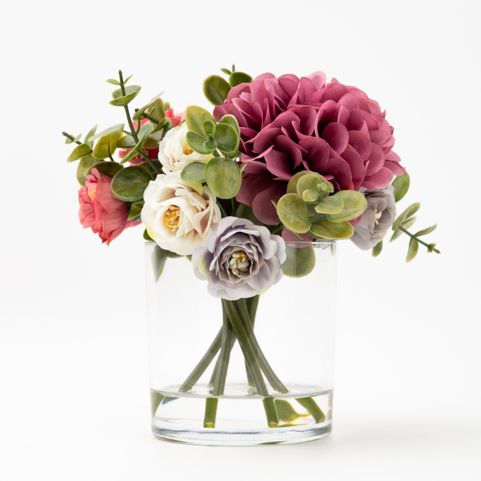(4 pack) Mixed Faux Hydrangea Arrangement in Clear Glass Vase