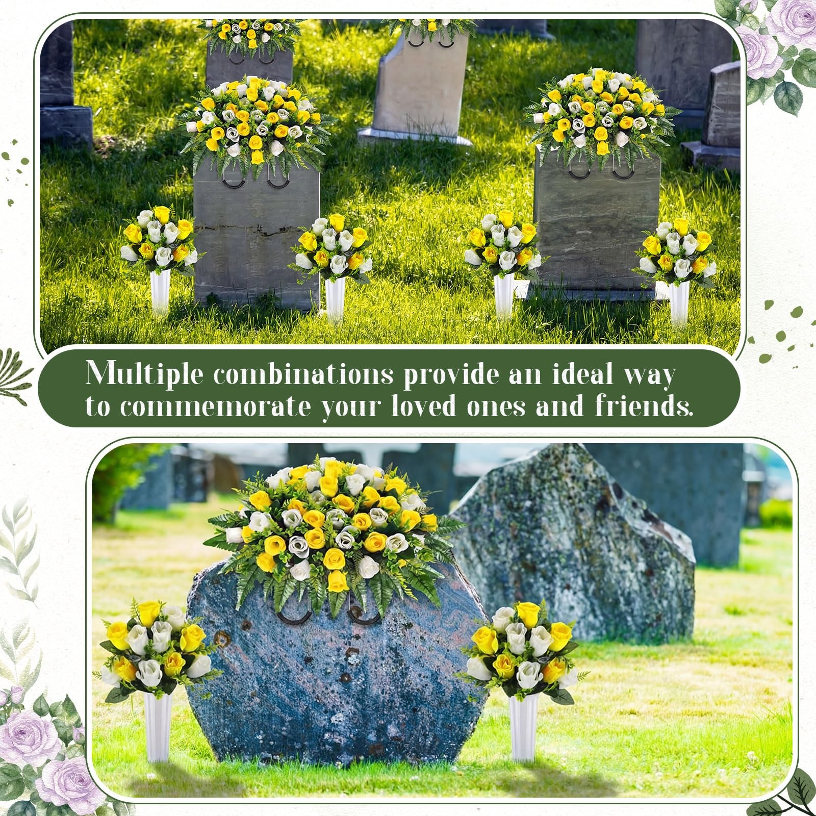 3 Pcs Artificial Cemetery Flowers for Grave Set 19.7″x13.8″ 1 Headstone Flowe…