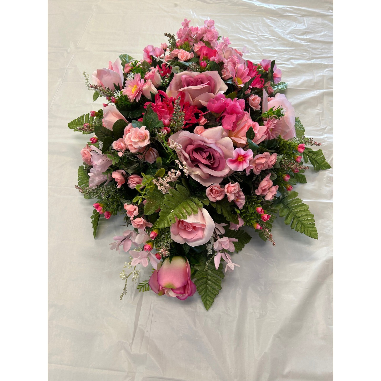 Pink Rose and Daisy Artificial Floral Cemetery Saddle Spray Arrangement 28in