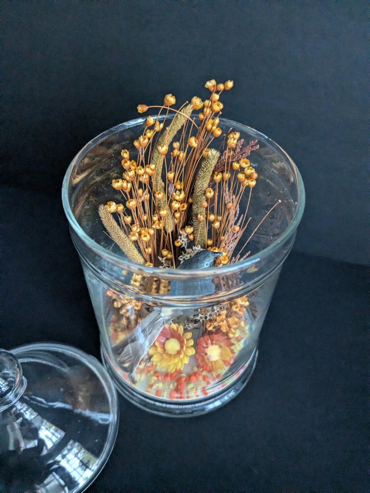 Vtg 1970’s Bird & Flowers Arrangement Dome Orange Yellow Brown Fall Decor