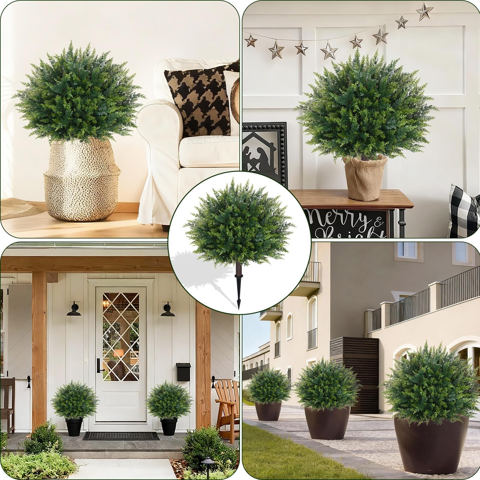 Artificial Plants Outdoor, 2Pcs 23” Artificial Cedar Topiary with Ground Spi…