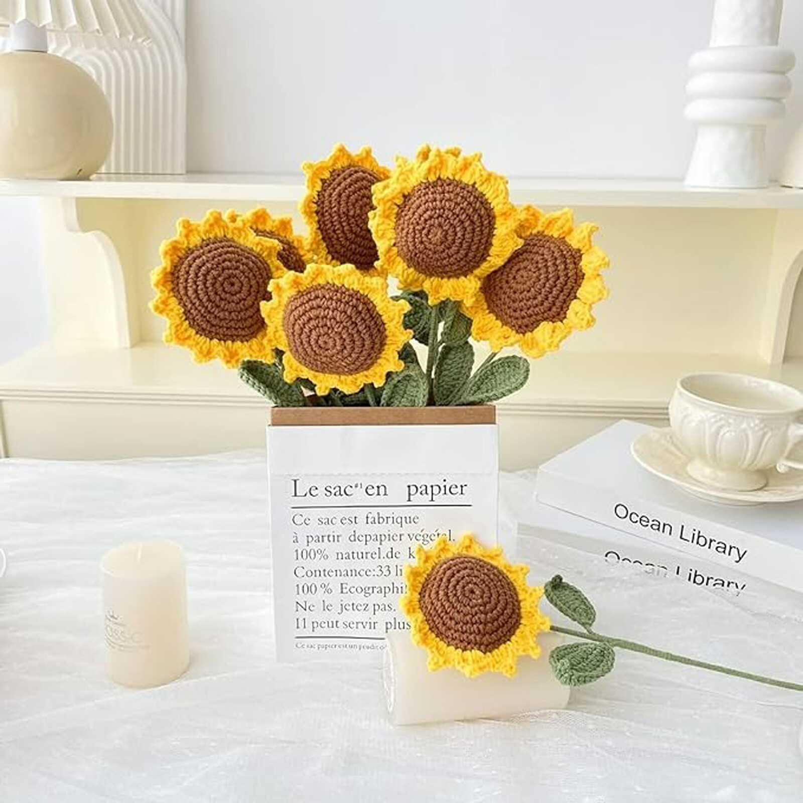 Knitted Crochet Sunflower Flower, Handwoven Bouquet Simulation Flowers Girl Gift