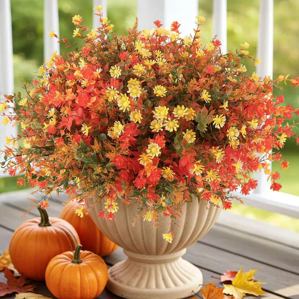 1 In. H Orange Artificial Mums 12-Bundles UV Resistant Fake Flowers for Outdoor