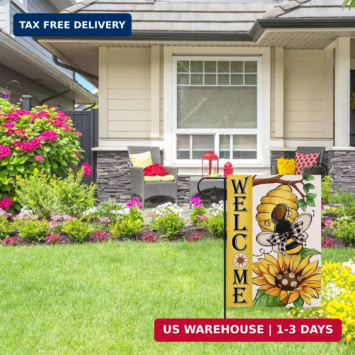 Welcome Spring Summer Bumble Bee Sunflower Decorative Garden Flag, Flower Honeyc