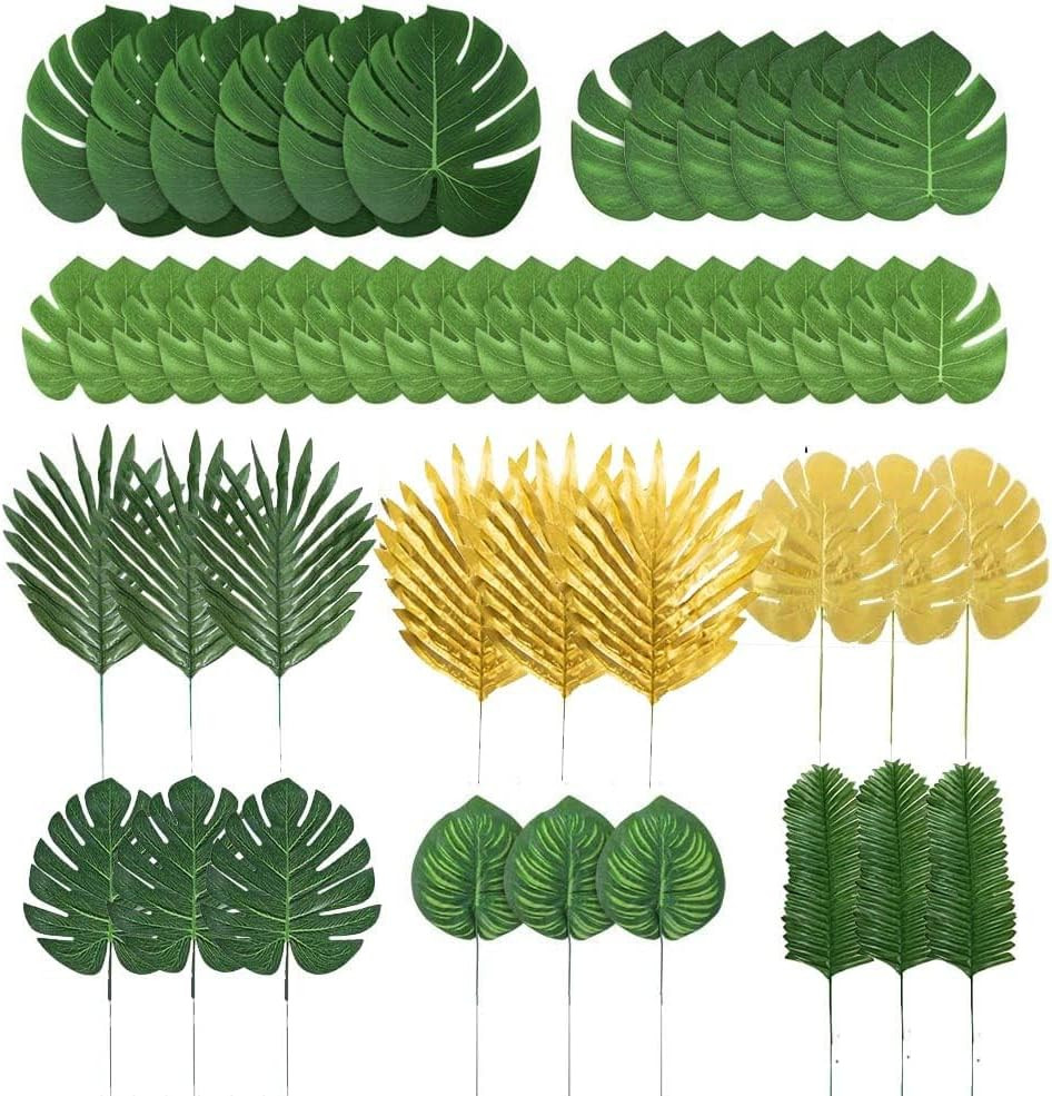 78 Pieces 9 Kinds Artificial Tropical Leaf Jungle Leaves Golden Plant Safari Lea