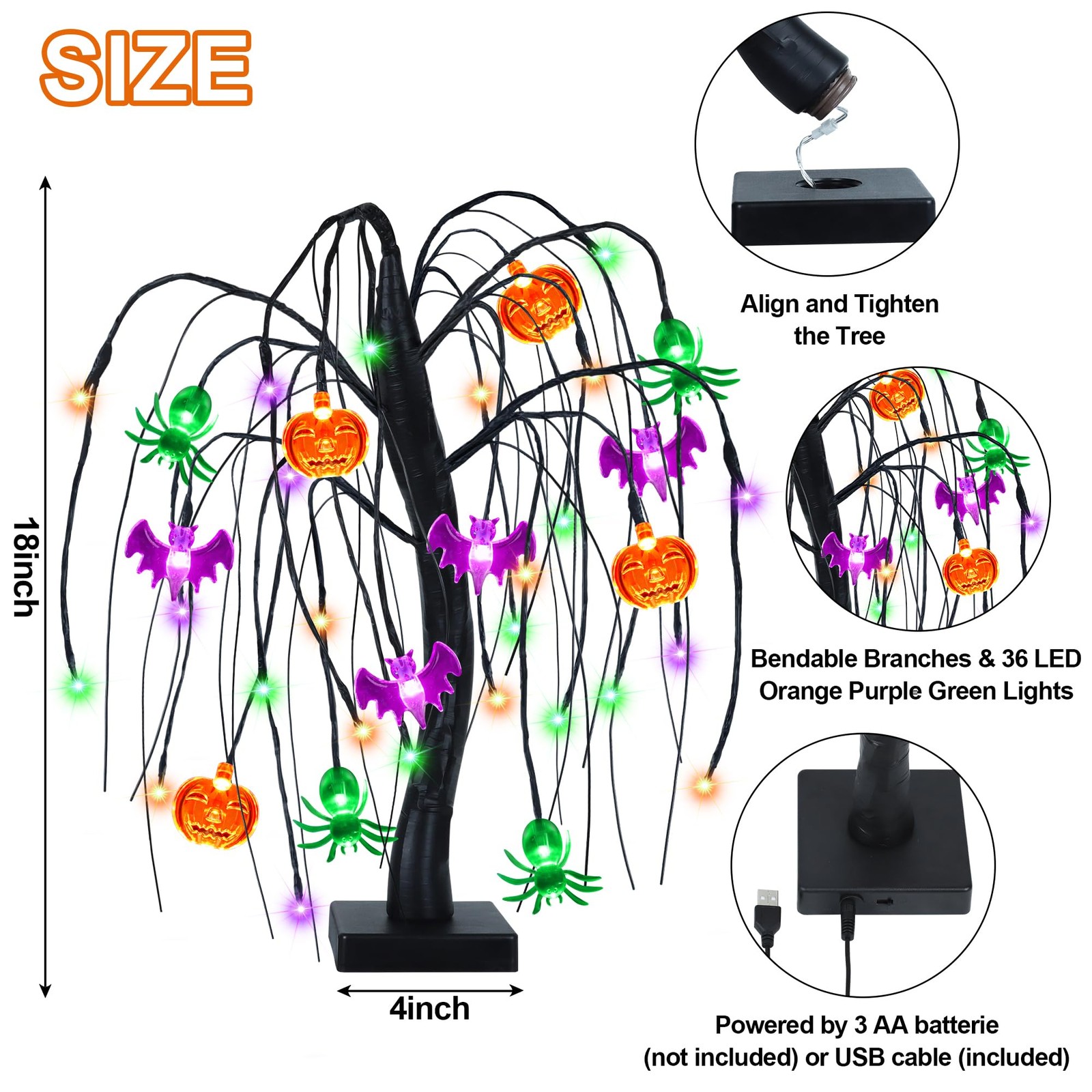 Halloween Table Decor 18 Inch 36 LED Halloween Willow Tree with Pumpkin Bat S…