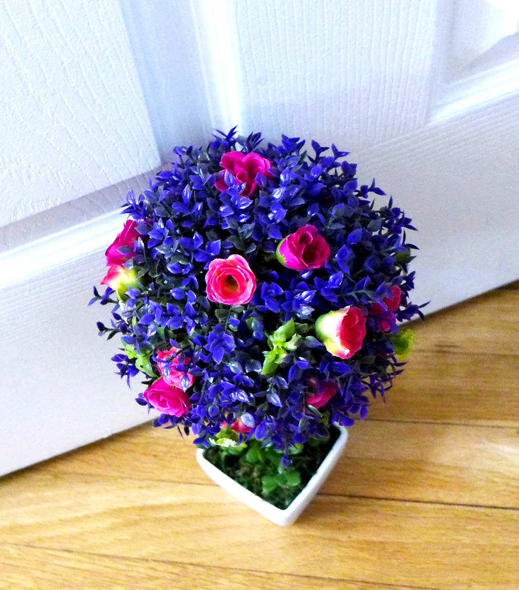 12″ Height Potted Flower Artificial Plastic Plant Dark Purple Grass With Pink