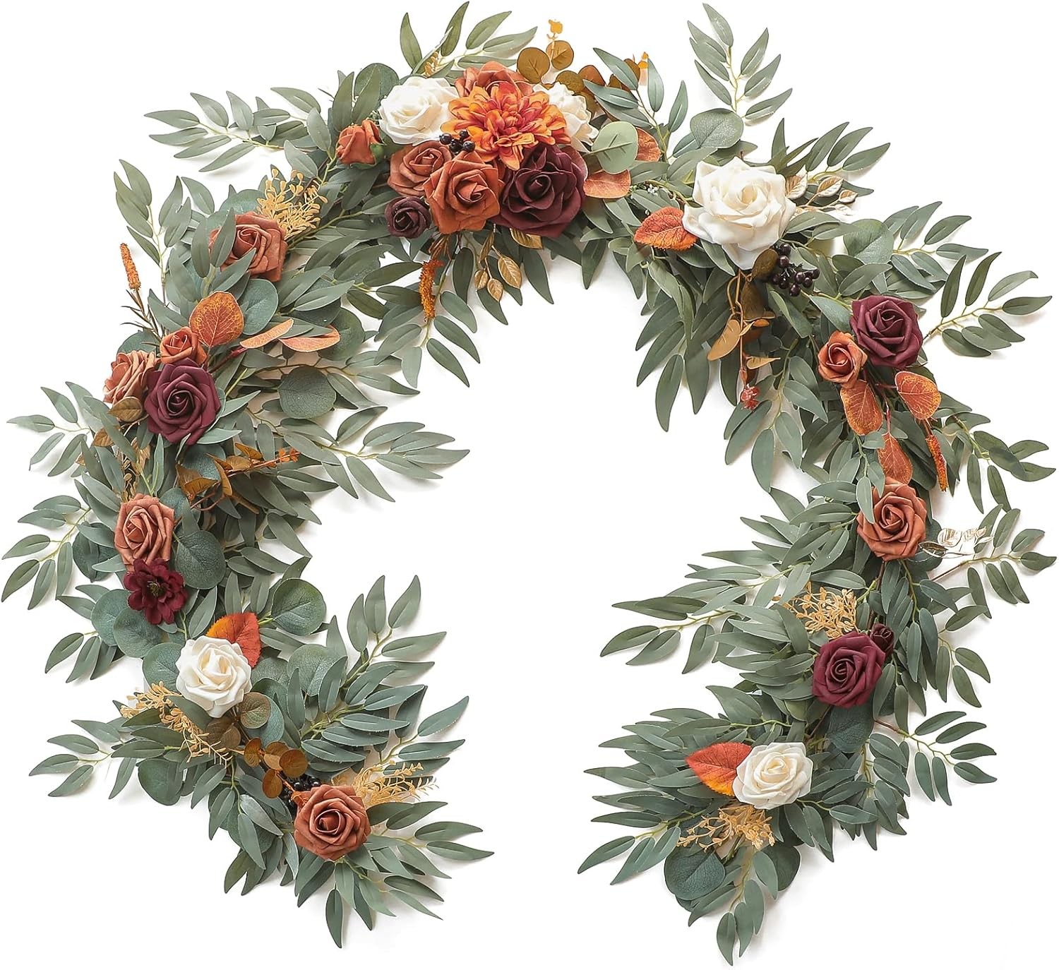 6ft Artificial Eucalyptus Garland with Flowers Fake Greenery Burnt Orange Faux