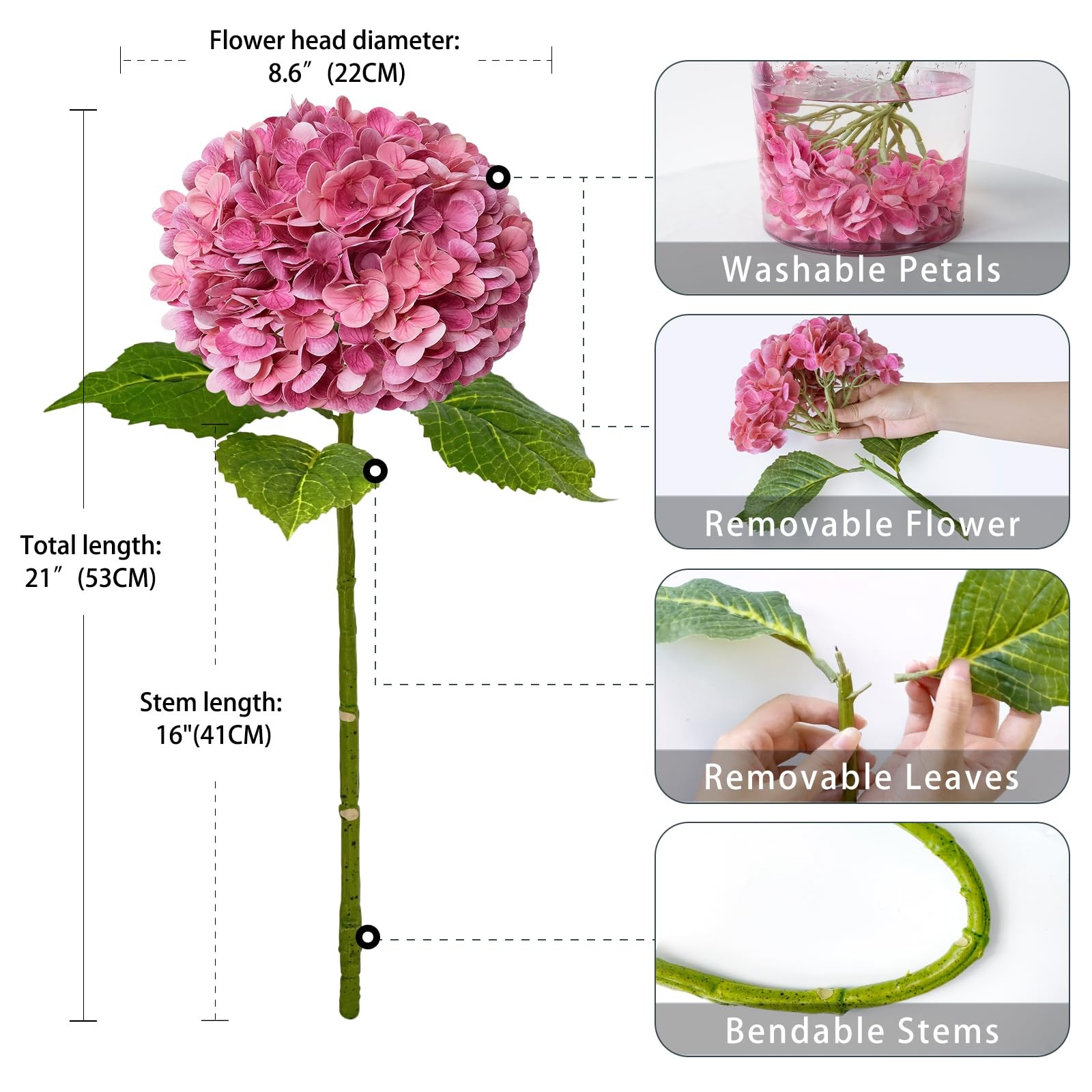 Real Touch Magenta Pink Hydrangeas Artificial Faux Latex Flower Decor 21″ 4PC