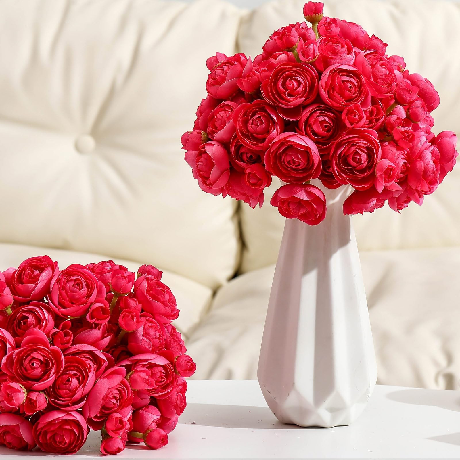 48 PCS Hot Pink Ranunculus Silk Faux Peonies Artificial Flower Bouquet Home
