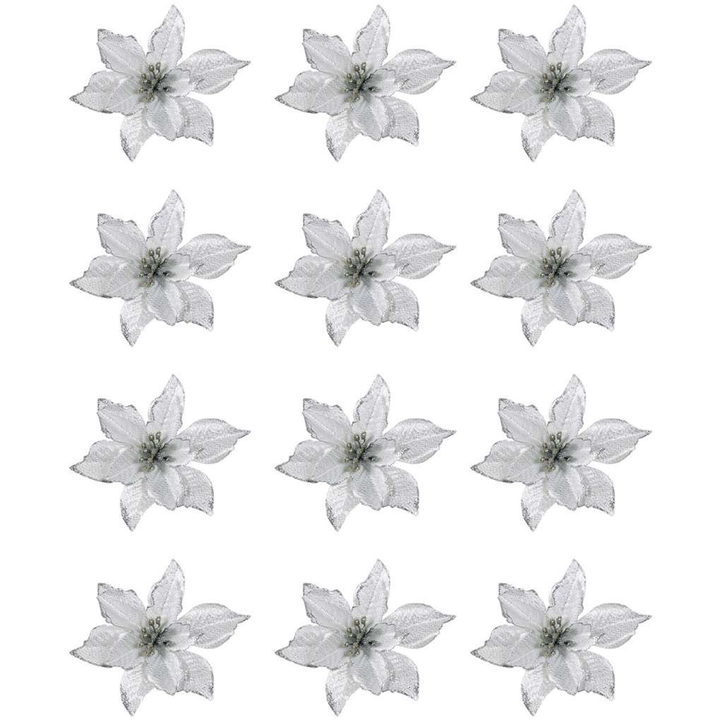 12pcs Glitter Artificial Poinsettia Flower Christmas Tree Ornaments Home Decor