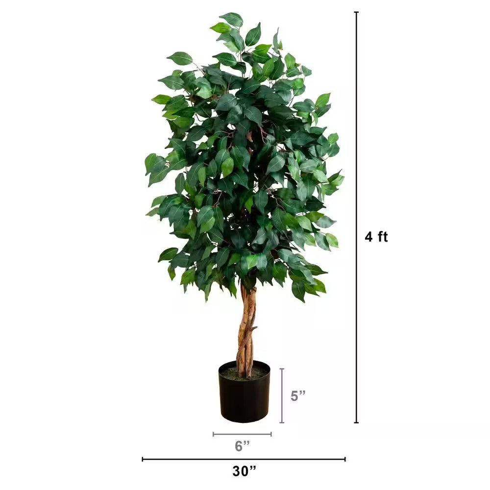 Artificial Ficus Tree 4 Ft 48 Inch Faux Indoor Plant 504 Leaves Black Pot Decor