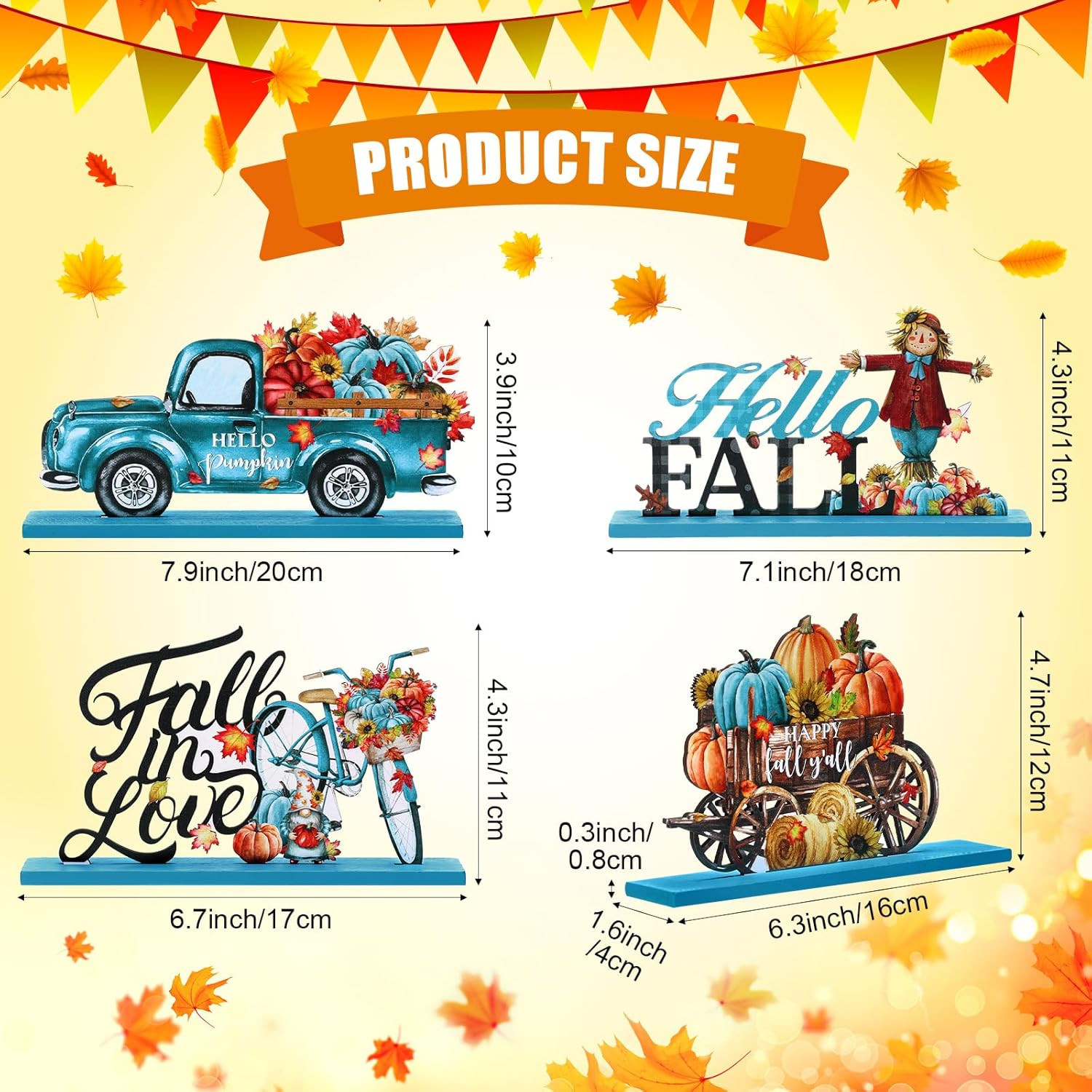 4 Pcs Fall Wooden Table Decorations Blue Autumn Harvest Table Centerpieces Hello