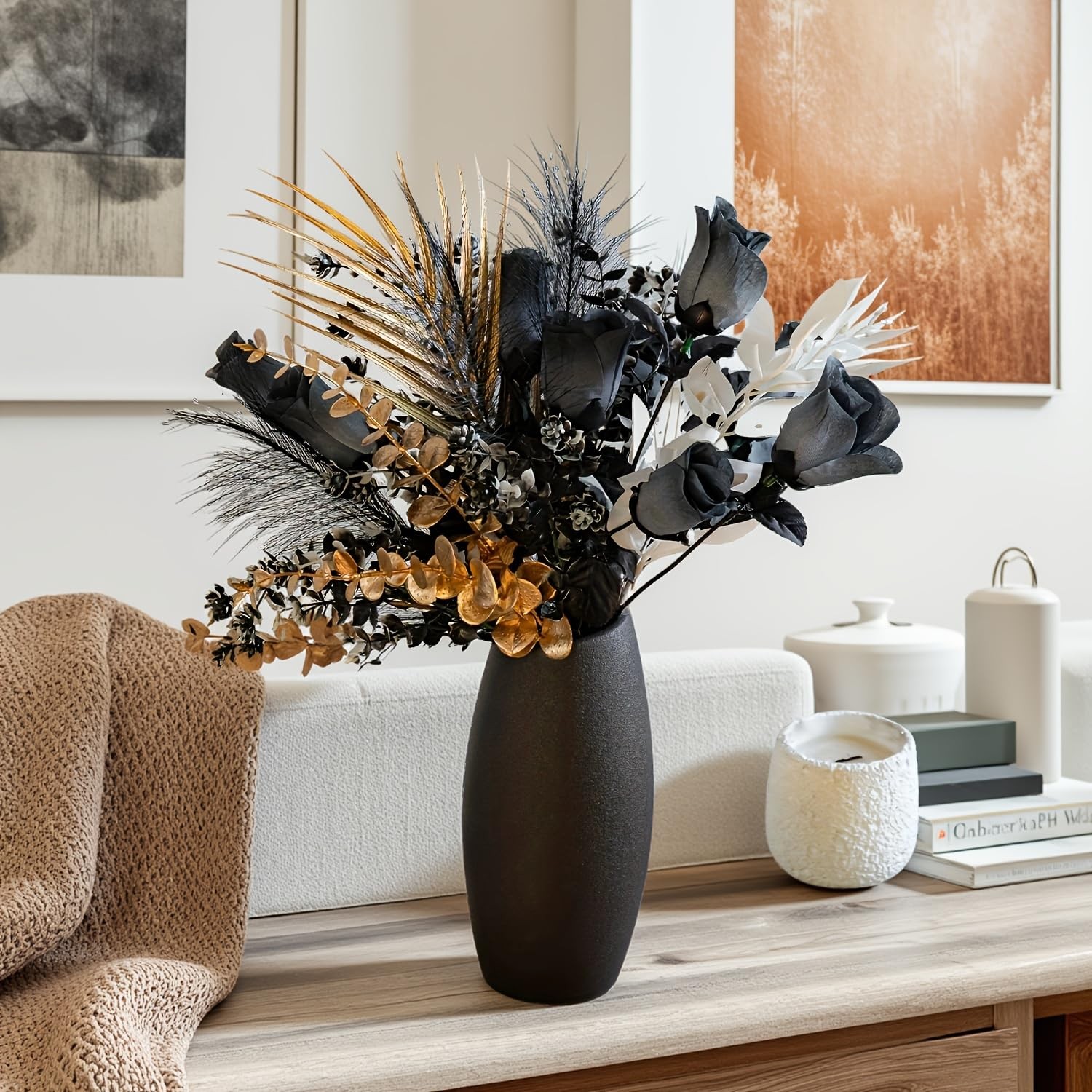 17 Inch Black Gold Artificial Rose Bouquet Metallic Eucalyptus Faux Silk