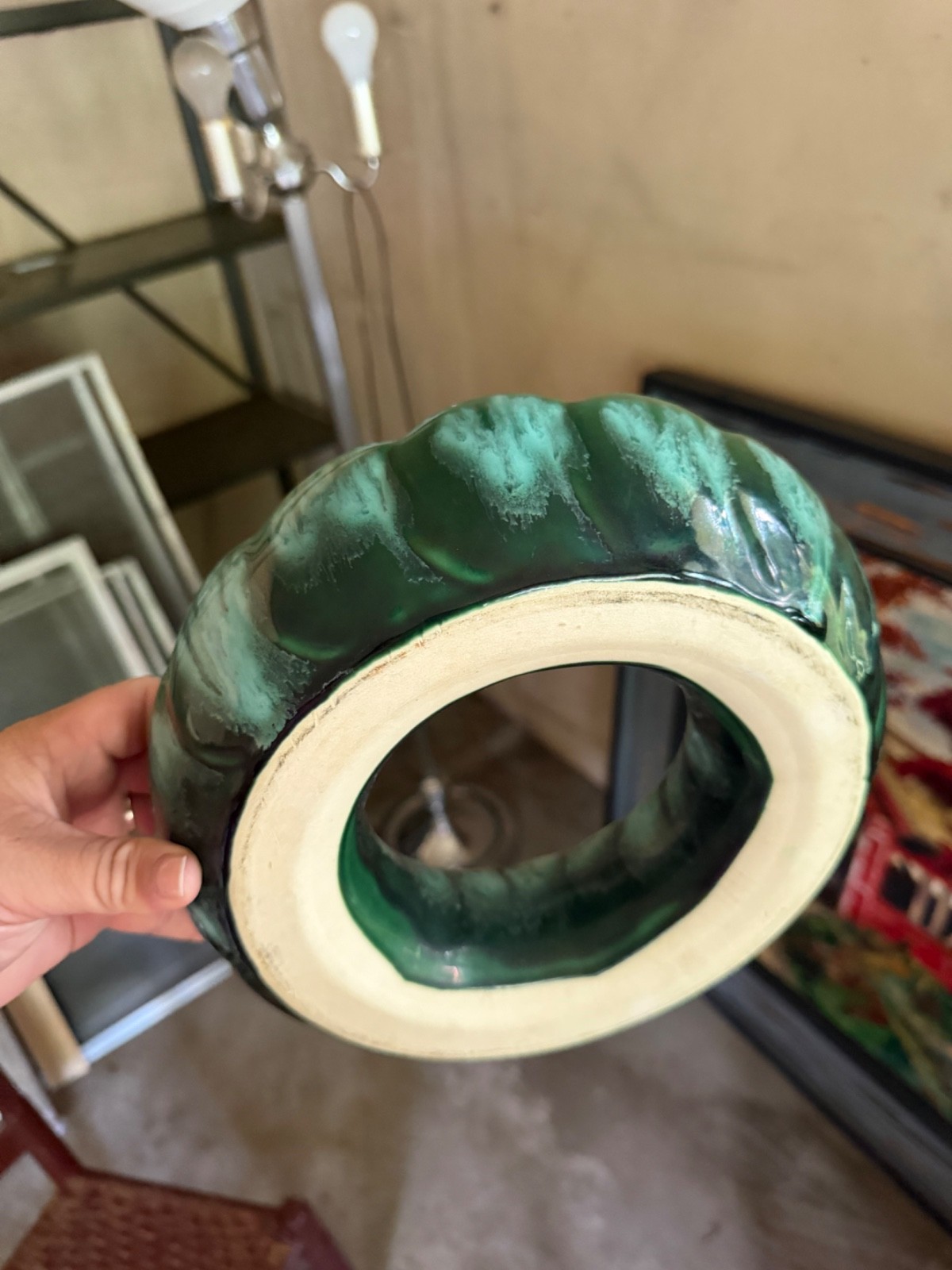 Vintage Green Drip Glaze Ceramic Flower Frog Floral Arranger Studio Pottery Ikeb