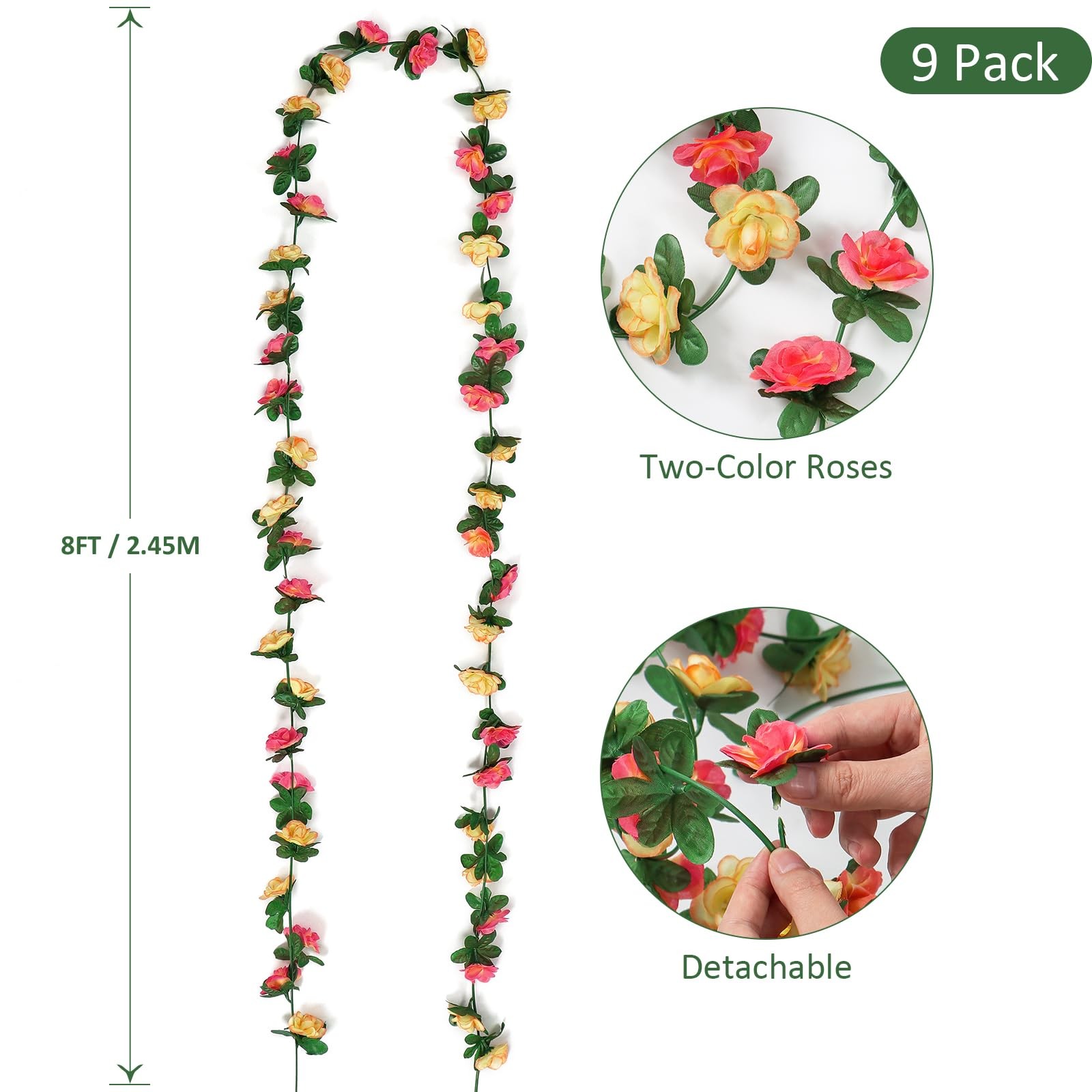 9 Pack 72 FT Artificial Flower Garland, Fake Champagne Roses Vines Silk Flowe…